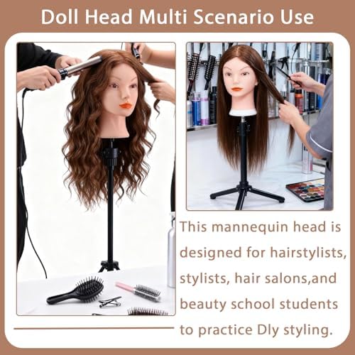 Mannequin Head with 100% Human Hair, TopDirect Real Hair Cosmetology Mannequin Head Hair Styling Hairdressing Practice Training Doll Head with Clamp Holder and Tools (Dark Brown) - Image 5