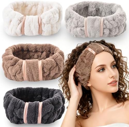 4 Pack Microfiber Towel Headbands for Washing Face, Spa & Skincare for Women (Beige, Dark brown, Grey, Black) by IAXSEE