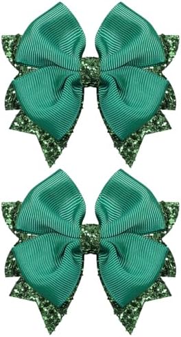 Girls Christmas Dark Green Hair Bow Clips 2 Pcs 3.5" Glitter Leather Ribbon Dress Bow Alligator Barrettes for Toddler Teens Kids Women Xmas Easter Holiday Party Costume Accessory Gift by KCHIES-AccessoryCollection