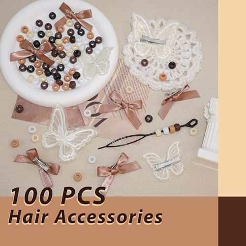 100PCS Hair Beads for Braid 3 Styles Mini Hair Bows Brown Butterfly Hair Clips Gradient Loc Dreadlock Hair Jewelry Boho Braids Decoration Kit for Women Girls - Image 7
