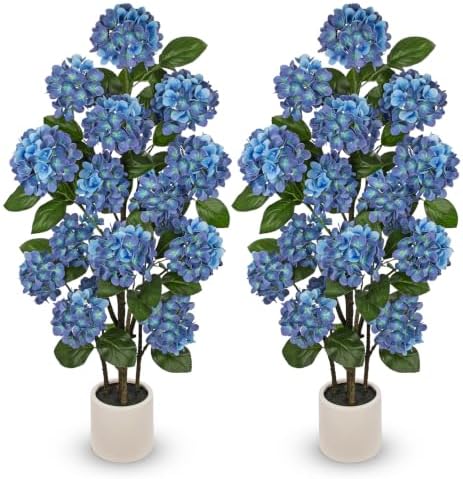 2 Pack 4FT Blue Hydrangea Artificial Flowers Tree Potted Hydrangea Flowers by Hollyone