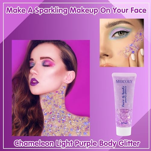 MEICOLY Chameleon Light Purple Hair Glitter,Holographic Chunky Halloween Body Glitter,Color Changing Mermaid Face Glitter,Self-Adhesive Glitter Sequin for Face Body Hair,Festival Party Cheer Glitter - Image 2