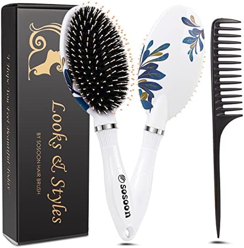 Hair Brush, Boar Bristle Hair Brushes for Women Kids Thick Curly Wet Dry, Smoothing Detangling Hairbrush Adds Shine and Improves Hair Texture, Comb and Giftbox Included2 by Sosoon