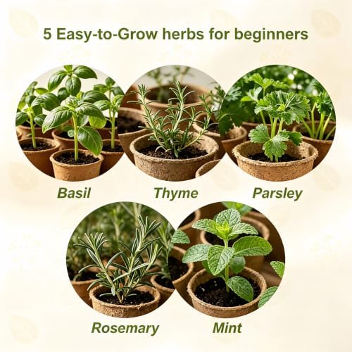 5 Herb Garden Kit, Wooden Box, Windowsill Basil Thyme Parsley Rosemary Mint - Image 2