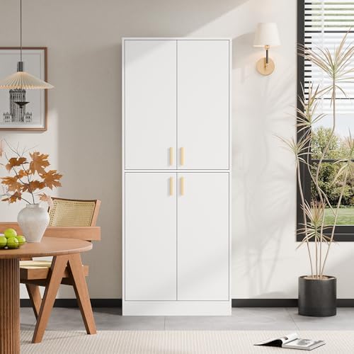 Cozy Castle Kitchen Pantry Cabinet, 71" Tall Wood Storage Cabinet with Doors and Shelves 4 Doors Freestanding Cupboard for Dining Room Living Room Furniture, White - Image 4
