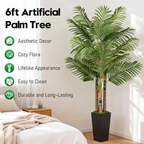 6ft Artificial Palm Tree Indoor Plant，Triple Faux Tropical Areca Floor Plant in Pot，Artificial Plants with Lifelike Leaves for Home Office Decor - Image 2