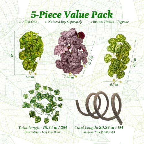 5 Pcs Reptile Plants & Habitat Decor Kit - 3 Artificial Plants & Large 5ft Jungle Vine Branch, Terrarium Tank Decor & Climbing Accessories for Gecko (Lime Heuchera, Purple Heuchera, Vein Begonia) - Image 4