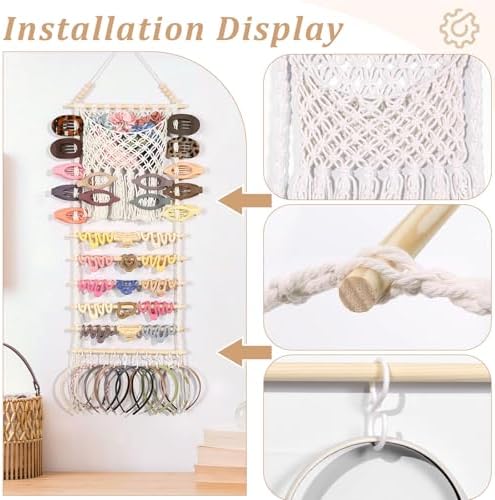 SNOWSTAR Macrame Hair Claw Clip Organizer,Large Capacity Mesh Bag Scrunchies Holder and Hair Ties Organizer for Women Girls,Hair Accessorie Hanging Storage Home Decor Wall,Door - Image 4