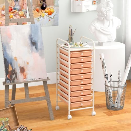 Giantex 10-Drawer Storage Cart w/Universal Wheel, Rolling Cart w/Handle, Home Organizer Storage Unit w/Removable Drawers, Trolley Utility Cart for Kitchen Makeup Living Room Office Play Room - Image 4