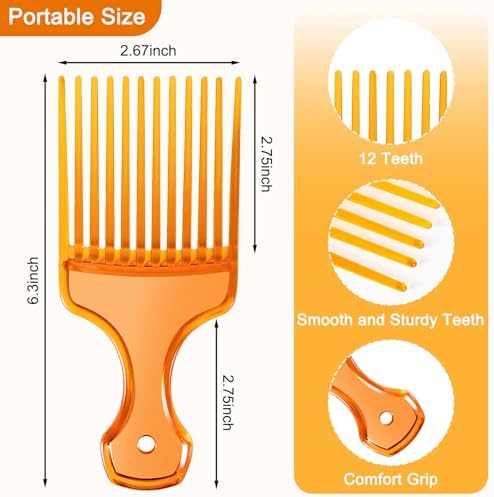SIMPOR 2 Pcs Hair Pick Comb Wide Tooth Lift for Hair Styling Detangling, Plastic Afro Pick for Women Men, Fist Picks for Curly and Afro Hair (Clear Orange, Black) - Image 2