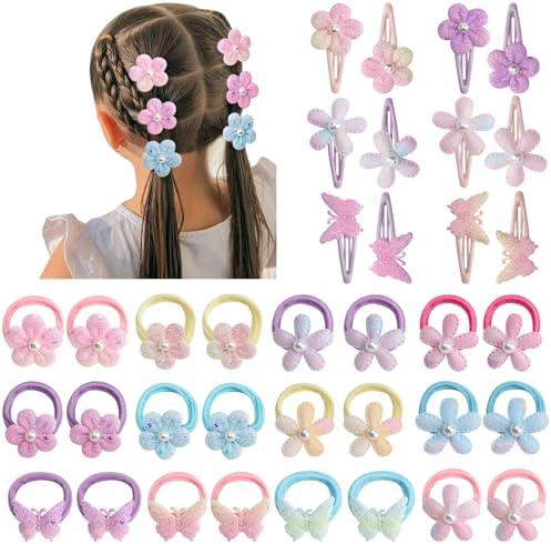 DRESHOW BQUBO 36 Pcs Toddler Hair Ties Clips for Girls Cute Hair Accessories Baby Flower Butterfly Ties Clips Colorful Snap Hairpins Rubber Bands for Baby Toddler Girls Kids by DRESHOW