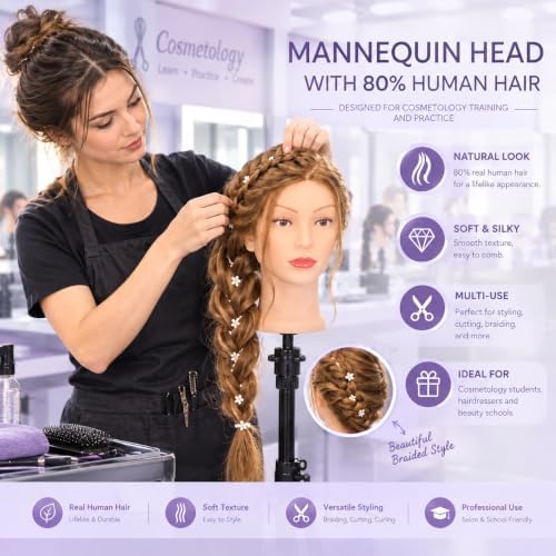 Mannequin Head 80% Human Hair 26-28" #27 with Tripod Stand for Cosmetology - Image 5
