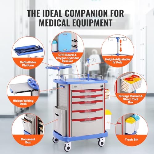 VEVOR Medical Crash Cart, Nursing Emergency Rolling Cart with 5 Drawers & 4 Silent Wheels, Adjust IV Pole, Needle Disposal Holder, Trash Bin, O2 Holder, Mobile Trolley for Hospital, Clinic, Lab, Salon - Image 4