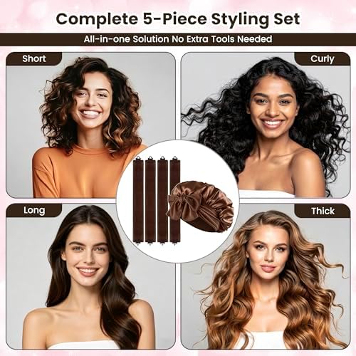 Heatless Curls Overnight, Velvet Heatless Hair Curler Set with Hook Closure – 4 Soft Hair Rollers Blowout Rods + Satin Hair Bonnet for Sleeping, Flexi Rods for Long Hair Women (A - BROWN) - Image 6