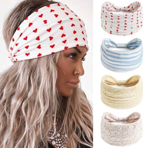 Olbye Wide Boho Headbands Floral Stretch Head Wraps Turban Knotted Yoga Hairbands Workout Hair Accessories for Women 4Pcs (Casual, 9.4 * 5.9'') by Olbye