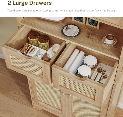 Iwell Tall Storage Cabinet with 2 Drawers & Adjustable Shelves, Rattan Cabinet, Kitchen Storage Cabinet, Pantry Cabinet with 4 Doors, Tall Cabinet for Living Room, Kitchen, Home Office, Natural - Image 7