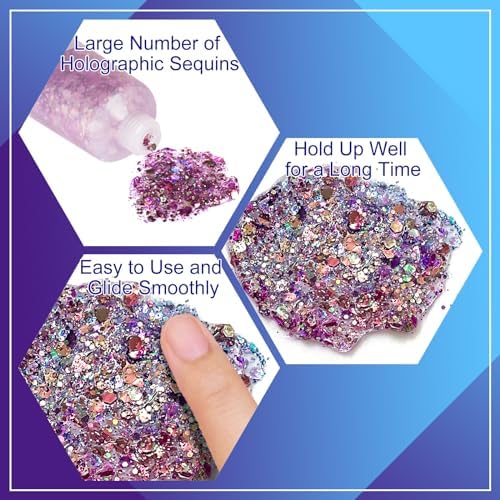 MEICOLY Chameleon Purple Hair Glitter,Holographic Chunky Game Day Spirit Wear Face Glitter,Halloween Accessories for Women,Self-Adhesive Color Changing Mermaid Body Glitter - Image 3