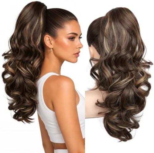 REECHO Ponytail Extension, 18" Clip in Ponytail Hair Extensions for Women, Short Wavy Synthetic Pony Tail Hairpiece for Daily Wear- Chestnut Brown with Golden Highlights by REECHO