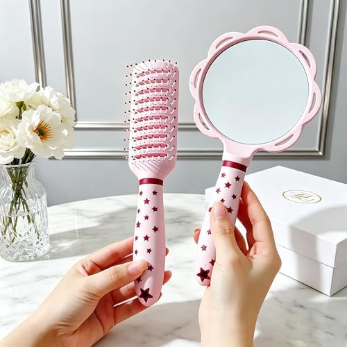 4 Pieces Hair Brush Set Detangling Hair Brush Hair Comb Set For Women Girls Gifts Cute Shaped Hair Combs Hair Brushes Handheld Mirror Sets Massage HairBrush with Air Cushion For Wet Dry Hair (Pink) - Image 3