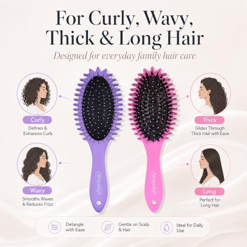 2 Pack Detangling Hair Brush Set with Boar Bristle Brush & 2 Cleaning Brushes, Wet & Dry Hair Brushes for Curly, Wavy, Thick Hair, Gentle No-Pull Detangler for Women, Kid (Pink+Purple) - Image 3