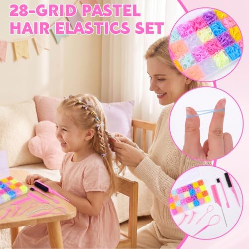Rubber Bands for Hair with 8 Styling Tools 28 Grid Pastel Hair Elastics Set with Storage Box for Braids Ponytails Toddlers Women Styling and Crafts - Image 5