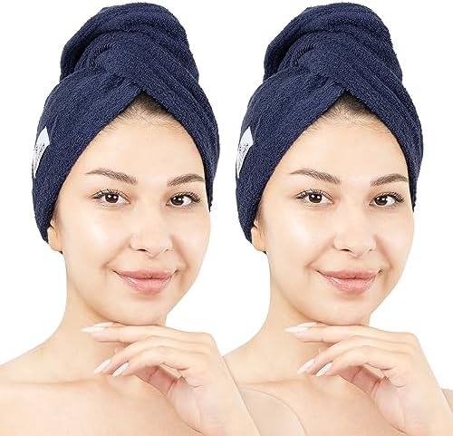American Soft Linen 100% Cotton Hair Towels for Women, Head Towel Cap, Cotton Hair Turban Towel Wrap for Long Curly Anti Frizz Hair, Soft and Absorbent Cotton Hair Towels 2 Pack, Navy Blue by AmericanSoftLinen