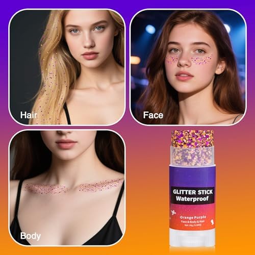 Halloween Purple Orange Hair Glitter Stick,Orange and Purple Body Face Glitter Hair Accessories,Waterproof Cosplay Chunky Glitter Makeup Sequins Body Paint - Image 4