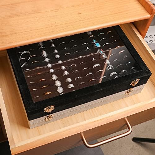 Frebeauty 100 Slots Ring Organizer Tray,Velvet Ring Box with Clear Lid - Image 6
