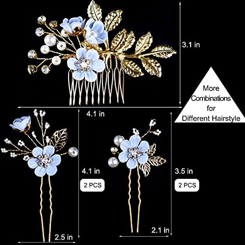 5 PCS Bridal Flower Wedding Hair Pins Crystal Pearl Hair Clips Headpiece Gold Wedding Hair Accessories Jewelry with Rhinestone for Brides Bridesmaids Women Girls Updo, Special Cream Blue - Image 2