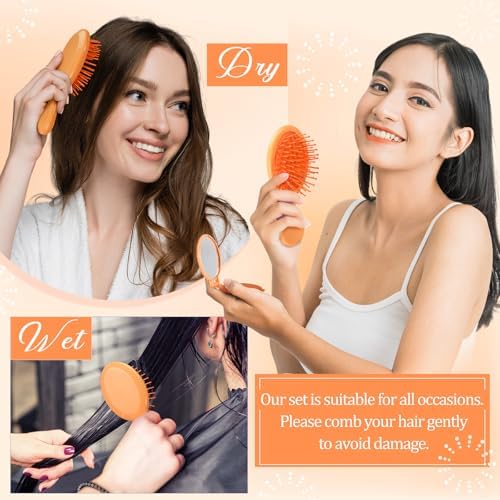 Meanplan 24 Pcs Mini Hair Brush Set 12 Travel Wet Dry Hair Combs Pocket Detangling 12 Compact Folding Makeup Mirrors for Spa Sleepover Birthday Bridal Shower Bachelorette Christmas Party Gift(Orange) - Image 6
