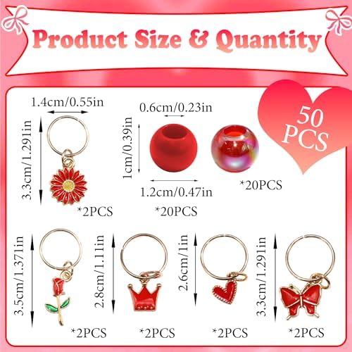 NAISKA 50PCS Red Hair Jewelry for Braids Cute Hair Beads Flower Heart Hair Charms for Girls 7 Styles Dreadlock Jewelry Loc Beads Valentine's Day Hair Accessories for Kids Girls - Image 4