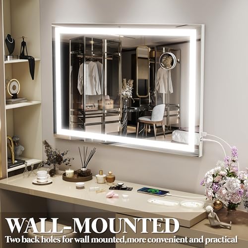 FENNIO Vanity Mirror with Lights 32"x22", Lighted Makeup Mirror, Large Vanity Mirror, Touch Sensor with 3-Color Lighting, USB Charging Port for Vanity Desk（Square White） - Image 4