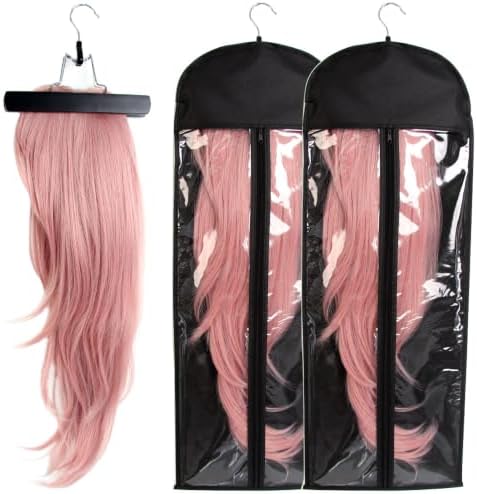 2 PCS Wig Bags Storage with Hanger Extra Long Hair Extensions Holder, Black by CISINPO
