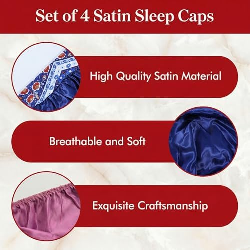 4 Pack Satin Silk Bonnet, Sleep Bonnet, Red, Pink, Blue, Black - Image 4