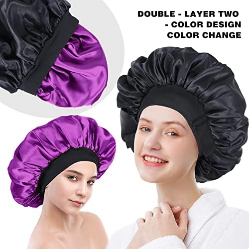 Silk Bonnet for Sleeping Double Layer Satin Bonnet Adjustable Bonnets for Black Women Sleep Cap Reversible Hair Bonnet for Curly Hair (Black and Purple) - Image 6