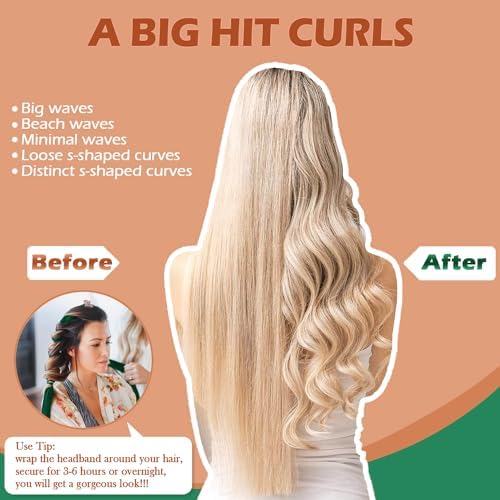 Heatless Curls Overnight Headband, 70'' No Heat Hair Curlers for Medium Long Hair, Green Orange - Image 5