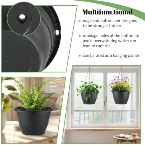 RooTrimmer 5 Pack 10 Inch Plant Pots Plastic Planters with Drainage Holes & Plugs,Lightweight Flower Pots for Indoor Outdoor Plants,Flowers,Monstera,Snake Plant,Home Garden(Black) - Image 4