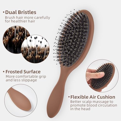 Boar Bristles Hair Brush for Women and Men, Detangling Hair Brush for Smoothing Massage Add Shine, Nylon&Boar Bristles Detangler brush for Hair Healthy (1 Pack-Mocha) - Image 4