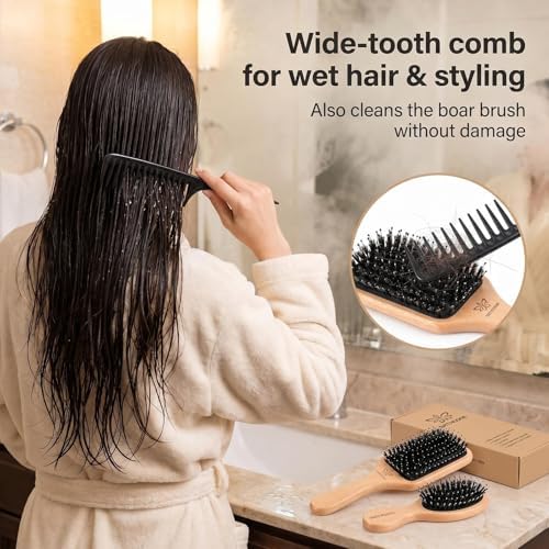 Boar Bristle Hair Brush and Comb Set for Women Men Kids, Best Natural Wooden Paddle Hairbrush and Small Travel Styling Brush for Wet or Dry Hair Detangling Smoothing Massaging - Image 6
