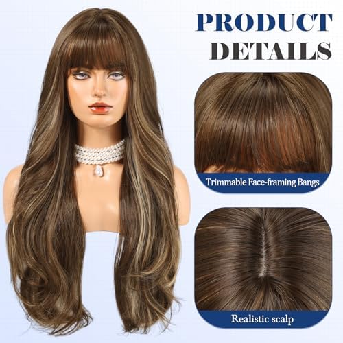 HAIRCUBE Long Brown with Blonde Highlight Wig with Bangs 22 inch Layered Curly Wigs for Women Natural Synthetic Wigs for Daily Use (wig cap:22-24 inch) - Image 2