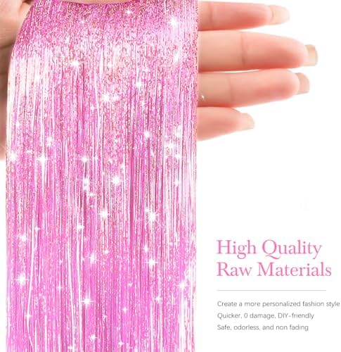 Hair Tinsel 8 Packs 1600 Strands 50 Inch Tinsel Hair Extensions Light Rose Red Heat Resistant Glitter Sparkling Shinny Fairy Hair Accessories for Women(Light Rose Red, 50Inch) - Image 2