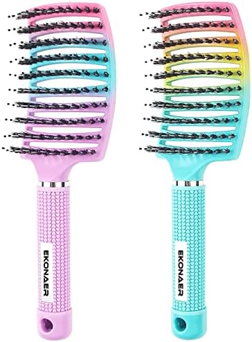 2 Pack Detangling Brush Getting Knots Out without Pain Adds Shine and Makes Hair Smooth,Detangler Boar Bristle Hair Brush for Adult & Kids Wet or Dry Hair(Green&Pink) by EKONAER