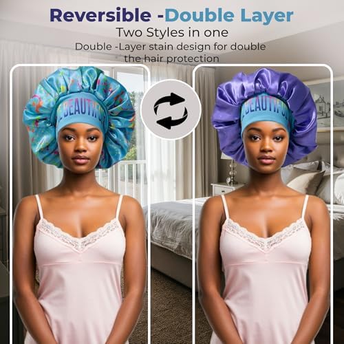 Discover reversible premium double layer silk satin sleeping bonnets designed for hair protection, moisture retention, and all-night comfort. Keep your hair healthy and frizz-free-blue - Image 5