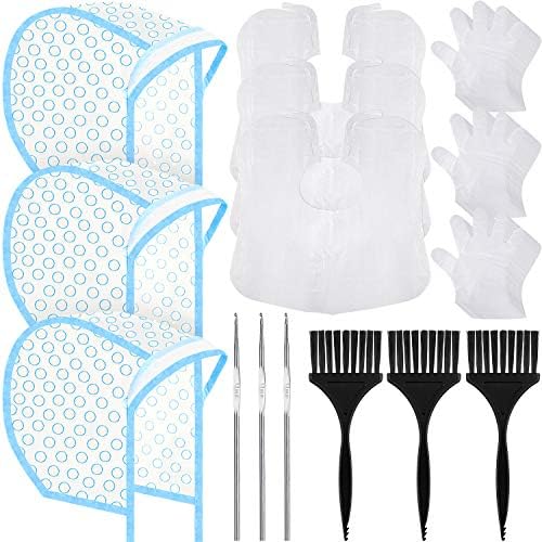 3 Sets Hair Coloring Kit, Includes PVC Hair Coloring Caps with Styling Tools, Disposable Dye Shawl, Gloves, Brushes for Dyeing(Blue) by Boao
