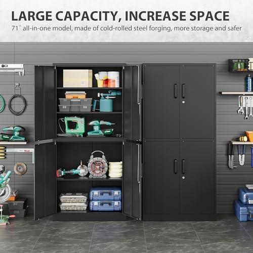 Metal Storage Cabinet with 3 Adjustable Shelves and 4 Doors,71" Garage Storage Cabinet with Lock,Black Metal Cabinets with Locking Doors,Steel Tool Cabinets,Lockable Cupboard for Home,Office,Garage - Image 5