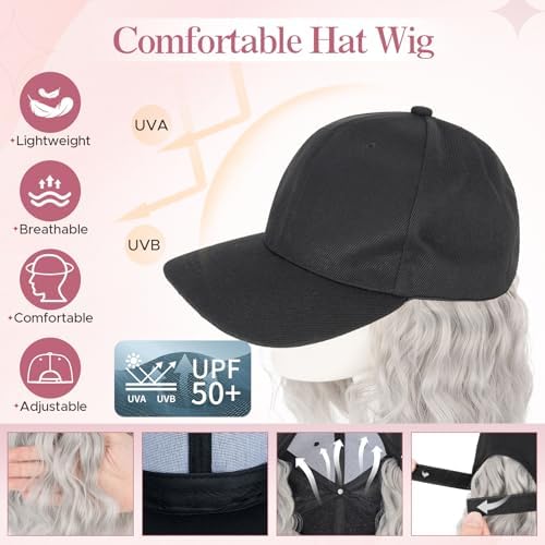 SEGO Baseball Cap with Hair Extensions for Women Heat Resistant Synthetic Hair Attached Long Curly Hairpiece Black Baseball Cap Wig Adjustable Hat Wigs for Women 8 Inch 88A/89A Light Grey - Image 2