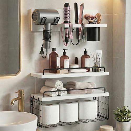 3-Tier Bathroom Floating Shelves with Hair Dryer Holder, White - Image 2