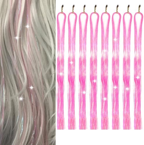 Hair Tinsel 8 Packs 1600 Strands 50 Inch Tinsel Hair Extensions Light Rose Red Heat Resistant Glitter Sparkling Shinny Fairy Hair Accessories for Women(Light Rose Red, 50Inch) by Sala