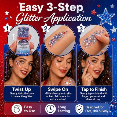 Red White Blue Star Hair Glitter Stick,4th of July Patriotic America Flag Star Face Body Glitter Stick, Independence Day Outfits for Women, Fourth of July Waterproof Makeup for Veterans Day - Image 4