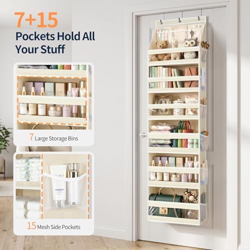 Yecaye 7 Tier Over the Door Organizer, Large Capacity Door Organizer Hanging with Clear PVC Windows, Behind the Door Storage for Bedroom Nursery Closet Laundry Pantry Bathroom, Cream White - Image 3